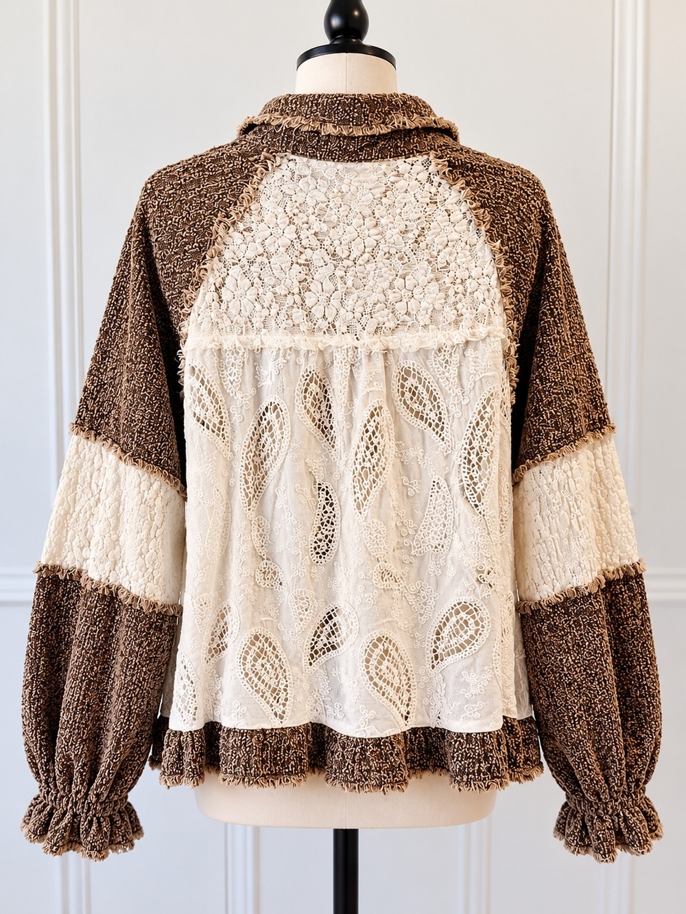 POL Boho Lace Patchwork Textured Button Front Top Jacket Shacket Brown Ivory - Picture 3 of 5